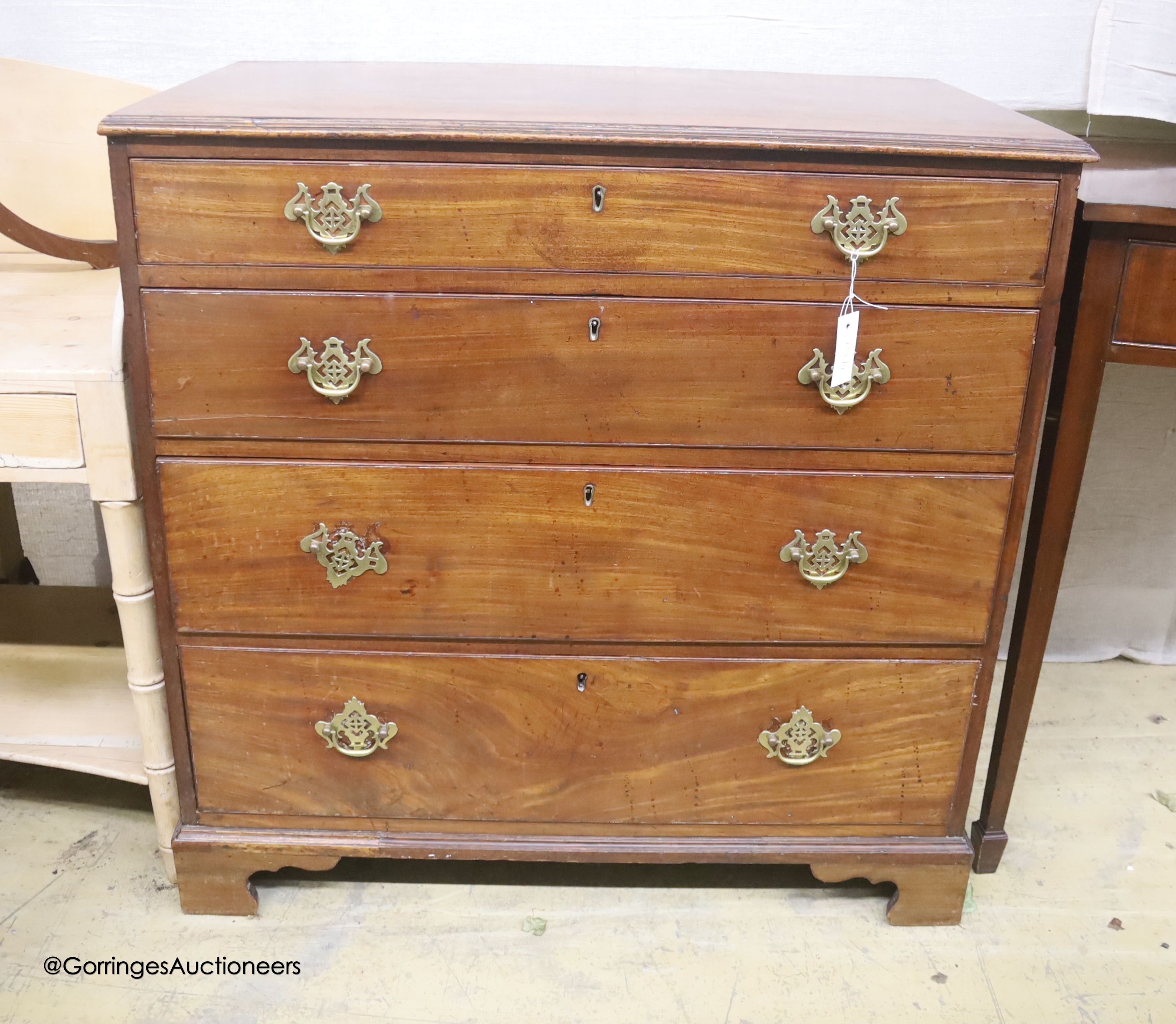 A 19th century mahogany chest of four long drawers, width 94cm, depth 54cm, height 93cm